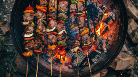 Meat and vegetable skewers near an outdoor barbecue grill, top view.の素材