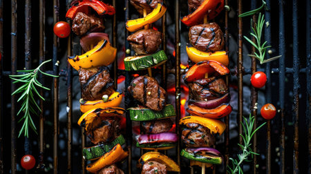 Meat and vegetable skewers near an outdoor barbecue grill, top view.の素材