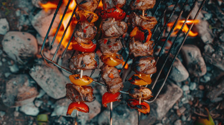 Meat and vegetable skewers near barbecue grill, top view outside.の素材