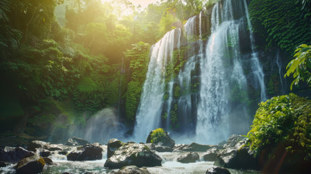 Majestic waterfall in jungle, surrounded by stones and greenery, perfect wallpaper.の素材