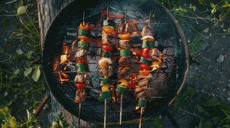 Meat and veggie skewers near barbecue grill, outdoor top view.の素材