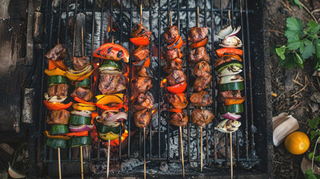 Meat and veggie skewers near barbecue grill, outdoor top view.の素材