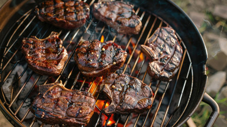Steaks sizzling on a charcoal BBQ outdoors in a yard, top shot.の素材