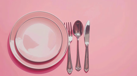 Shiny silver cutlery and spotless plate on pastel pink surfaceの素材