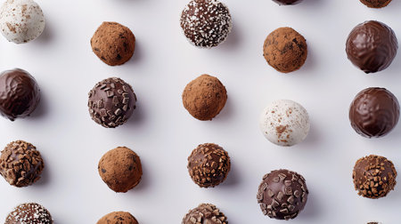 Selection of chocolate truffles on a plain white surface.の素材