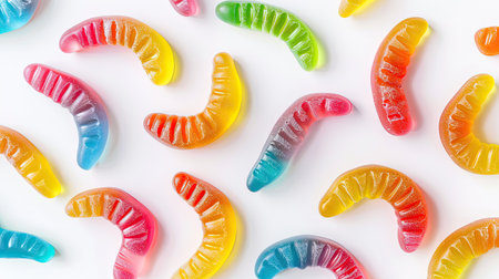 Vibrant gummy worms on a pristine white background.の素材
