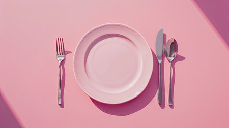 Shiny silverware and clean plate on a light pink surface.の素材