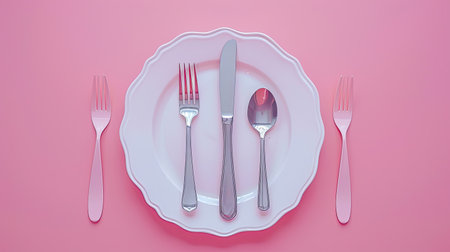 Shiny silver cutlery and spotless plate on soft pink backdrop.の素材
