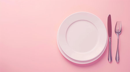 Spotless white plate and shiny silverware on delicate pink background.の素材