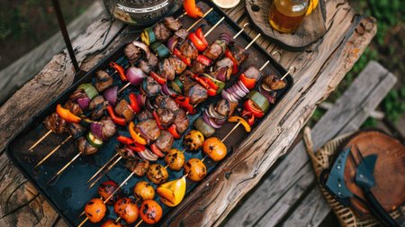 Outdoor BBQ with meat and vegetable skewers, shot from top view.の素材