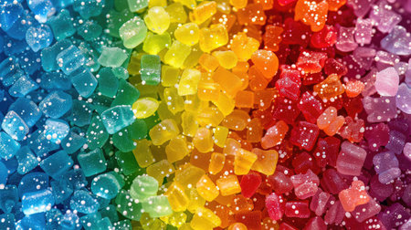 Rainbow of sugar candies creating a vibrant background.の素材