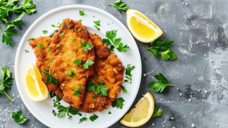 Schnitzel dish garnished with lemon wedges and fresh parsley on white plate, stone surface.の素材