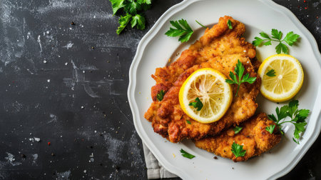 Top view flat lay of schnitzel dish with lemon and parsley on white plate, stone background.の素材