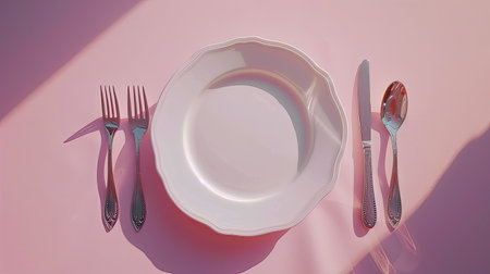 Shiny silverware and clean plate on a light pink surface.の素材