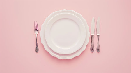 Shiny silver utensils and white plate on a light pink backdrop.の素材
