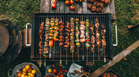 Top view of assorted skewers near a barbecue grill outdoors.の素材