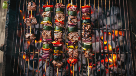 Skewers of meat and veggies near BBQ grill, shot from above. -の素材