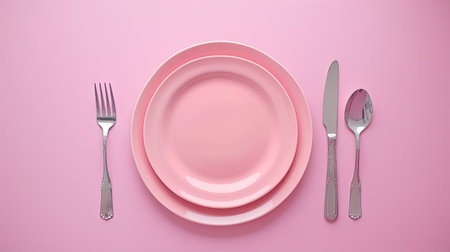 Neat silverware and spotless plate on soft pink surface.の素材