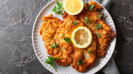 Top view of crispy schnitzel with lemon and parsley on white plate over brown stone background.の素材