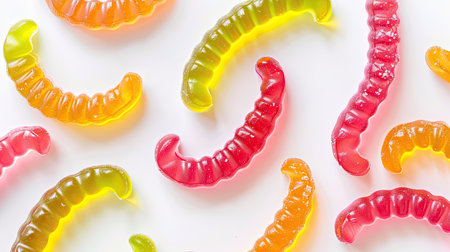 Vibrant gummy worm candies on a white backdrop.の素材