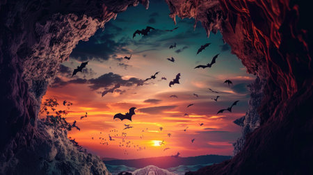 Bats flying out of a cave at dusk, the sky illuminated with vibrant sunset colorsの素材