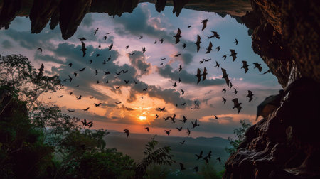 Colony of bats emerging from a cave at sunset outside Battambang, vibrant sky backdropの素材
