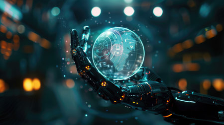 Cyborg hand holding a round technology element, representing artificial intelligence and future innovation, with copy spaceの素材