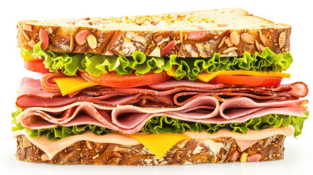 Gourmet deli sandwich stacked high with ham, turkey, cheese, lettuce, and tomato, isolated on whiteの素材
