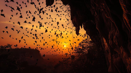 Bats flying from a cave at sunset near Battambang, filling the sky with their silhouettesの素材
