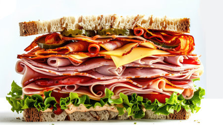 Close-up of a towering deli sandwich with layers of ham, turkey, cheese, lettuce, and tomato, isolatedの素材