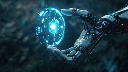 Cyborg hand holding a circular technology element, symbolizing artificial intelligence, with copy spaceの素材