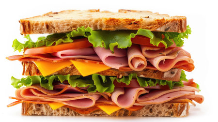 Gourmet towering deli sandwich with ham, turkey, cheese, lettuce, and tomato, isolated on whiteの素材