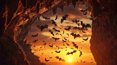 Majestic bats flying from a cave at sunset, the evening sky aglowの素材