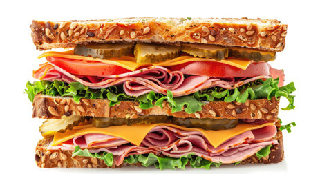 Isolated image of a tall deli sandwich with layers of ham, turkey, cheese, lettuce, and tomato on whole grain breadの素材