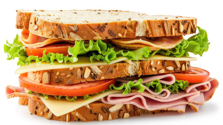 Gourmet sandwich with ham, turkey, cheese, lettuce, and tomato stacked high, isolated on whiteの素材