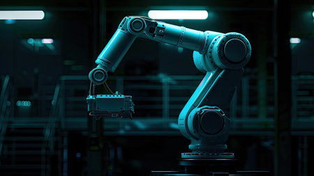 Industrial robot prototype on dark background, highlighting automation technologyの素材