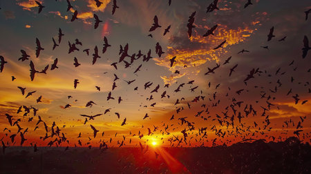 Millions of bats exiting a cave at dusk outside Battambang, vibrant sunset huesの素材