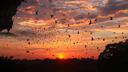 Millions of bats emerging from a cave at dusk near Battambang, stunning sunsetの素材