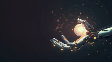Robotic hand holding a round element, showcasing digital innovation and AI technology, with copy spaceの素材