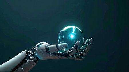 Robotic hand holding a round element, symbolizing AI and digital innovation, with copy spaceの素材