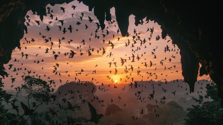 Millions of bats exiting a cave at sunset outside Battambang, stunning sky backdropの素材