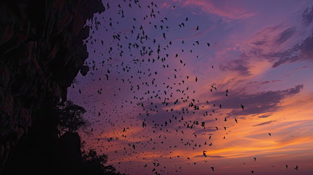 Millions of bats streaming out of a cave at dusk near Battambang, stunning sky colorsの素材