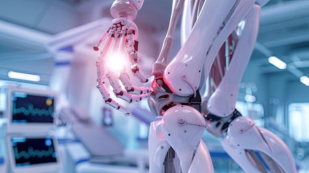 Robotic arms healing knee joint bone, showcasing advancements in medical surgeryの素材