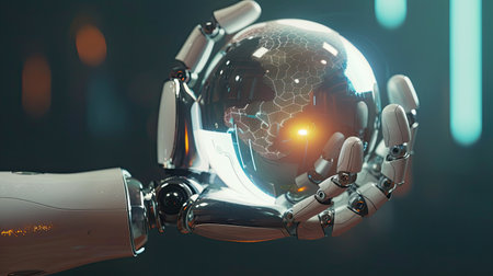 Robotic hand holding a round element, symbolizing AI and digital innovation, with copy spaceの素材