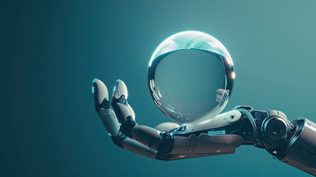Robotic hand holding a round tech element, symbolizing the future of artificial intelligence and innovation, with copy spaceの素材