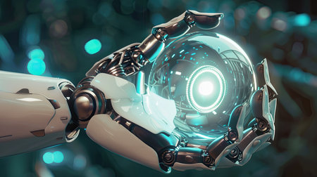 Robotic hand holding a circular element, showcasing AI and machine learning innovation, with copy spaceの素材