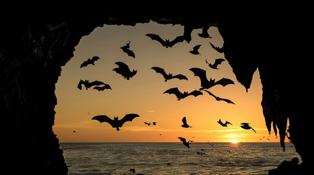 Silhouettes of bats in flight at sunset, emerging from a cave entranceの素材