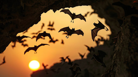 Silhouettes of bats in flight at sunset, emerging from their caveの素材