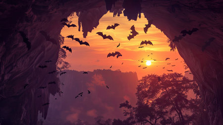 Sunset view of bats exiting a cave in search of food, sky lit with evening colorsの素材