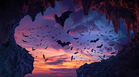 Silhouettes of bats departing a cave at dusk, sky lit with vibrant huesの素材
